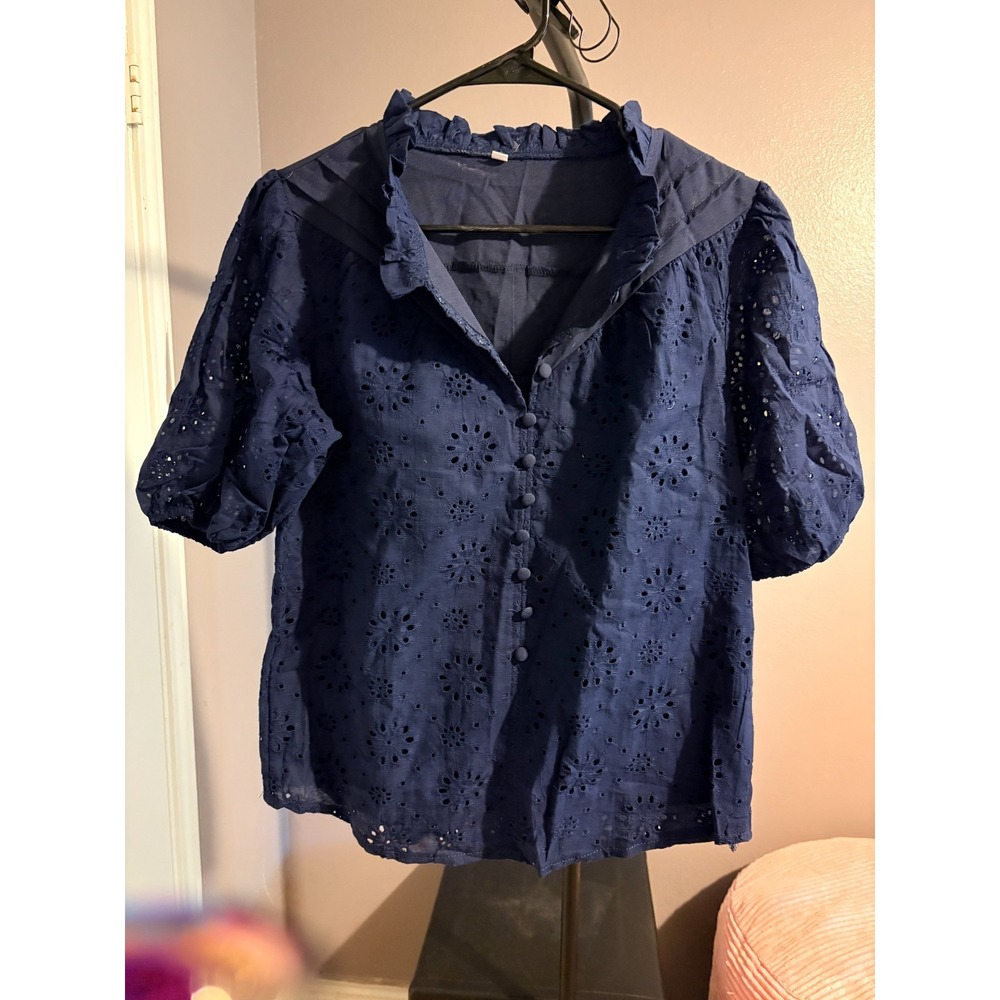 Blue Eyelet Embroidery Short Sleeve Blouse Ruffled Collar and Puff Sleeves - SM